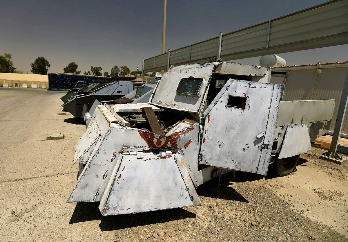 ISIS’ combat and suicide bombing vehicles seized in Mosul are on display at the Iraqi Federal Police Headquarters. 