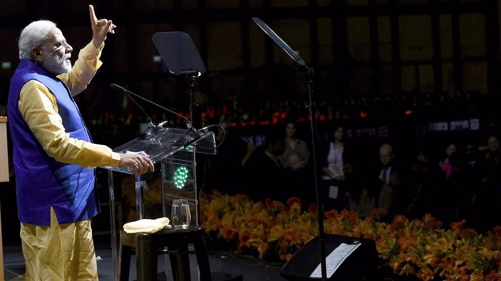 Prime Minister Narendra Modi addressing at the Community Reception Programme in Jerusalem.