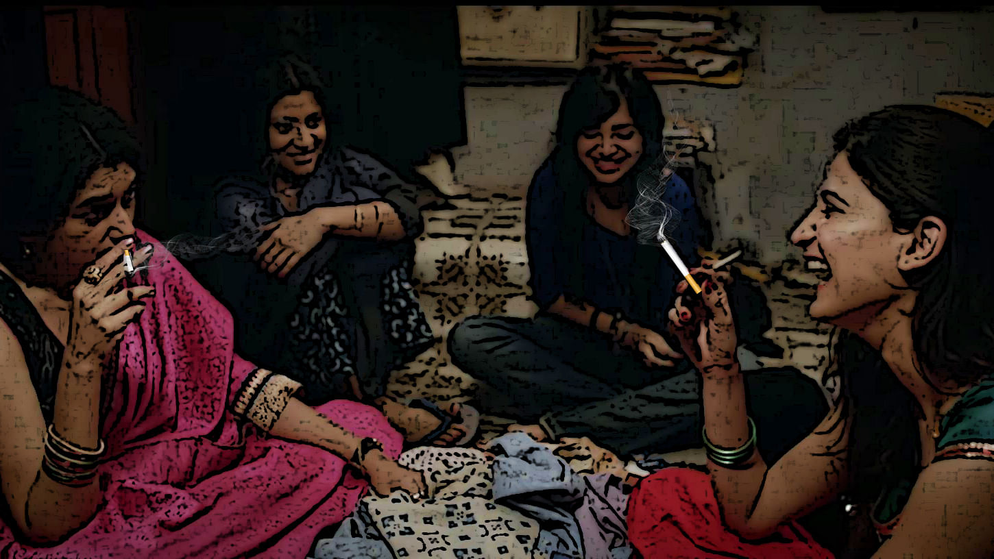 The four protagonists sharing a cigarette in the last scene of <i>Lipstick Under My Burkha</i>.