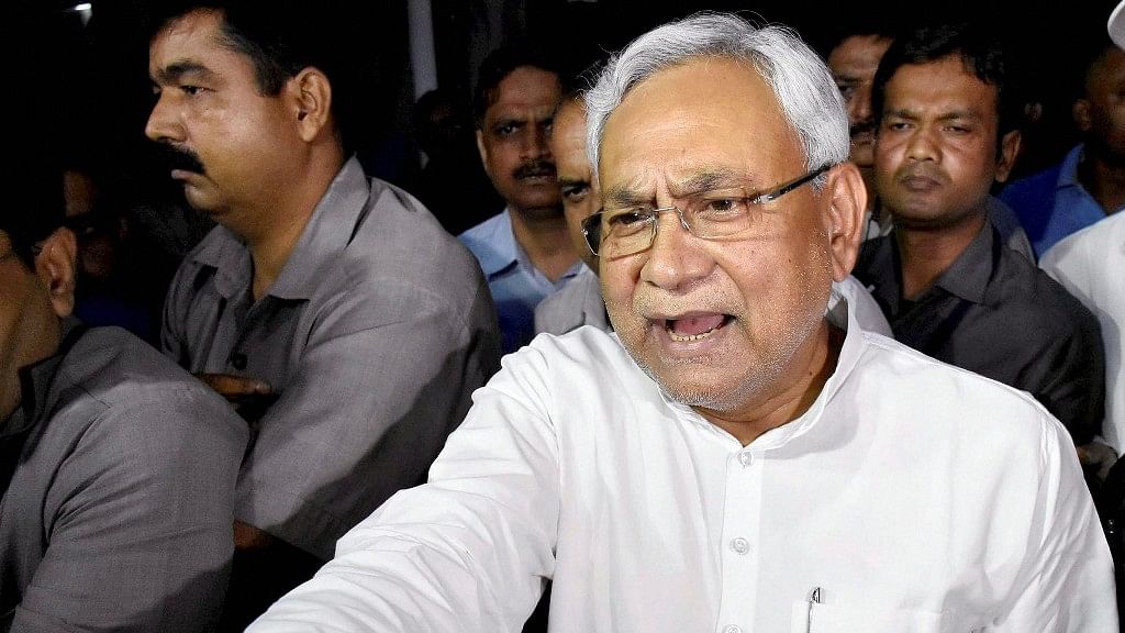 Bihar Chief Minister Nitish Kumar speaks to the media after meeting Governor KN Tripathi in Patna on Wednesday.&nbsp;