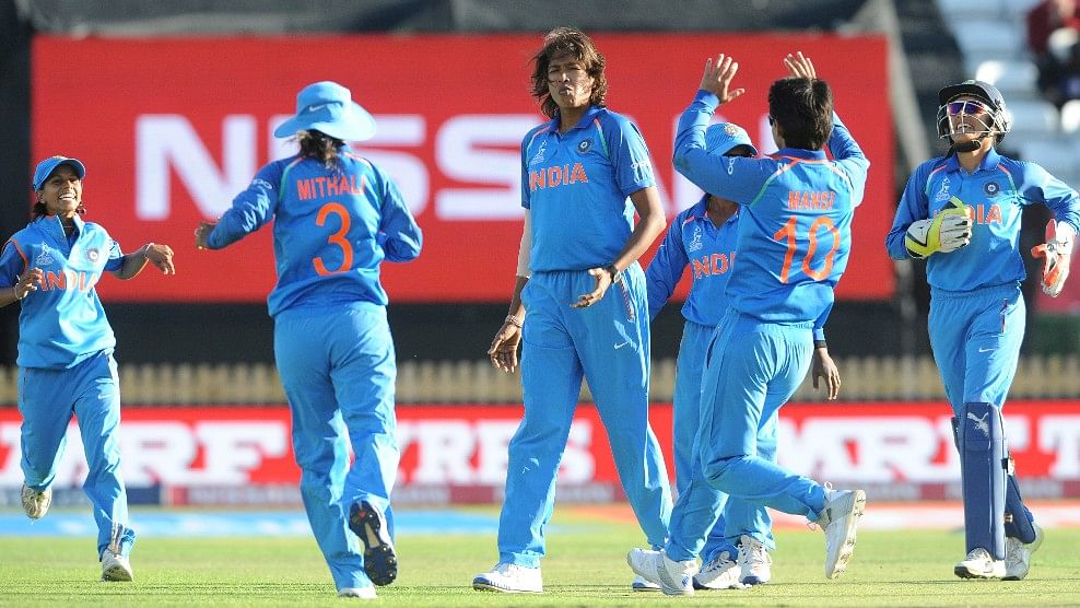 India’s Jhulan Goswami, second left, celebrates the dismissal of Australia’s Jess Jonassen during the ICC Women’s World Cup 2017 semifinal match between Australia and India.