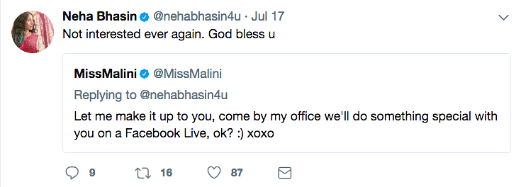 Playback singer Neha Bhasin takes on Miss Malini in a war of words on Twitter. 