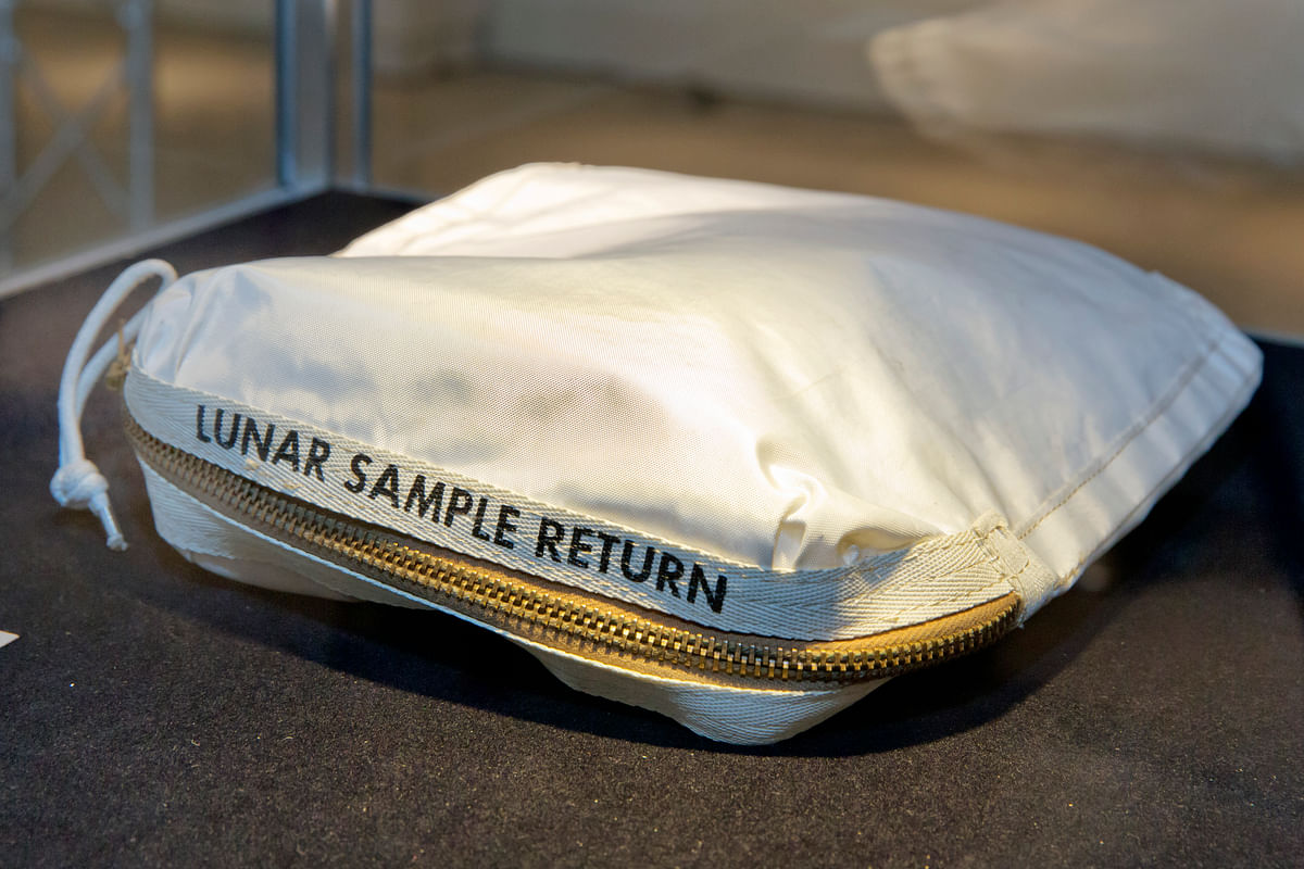 The bag contains moon dust from the Apollo 11 landing site that was collected during the space mission in 1969.