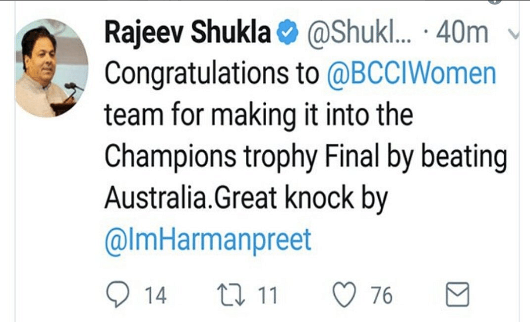 Congratulatory messages poured in for the women in blue, but Rajeev Shukla’s became the butt of jokes.