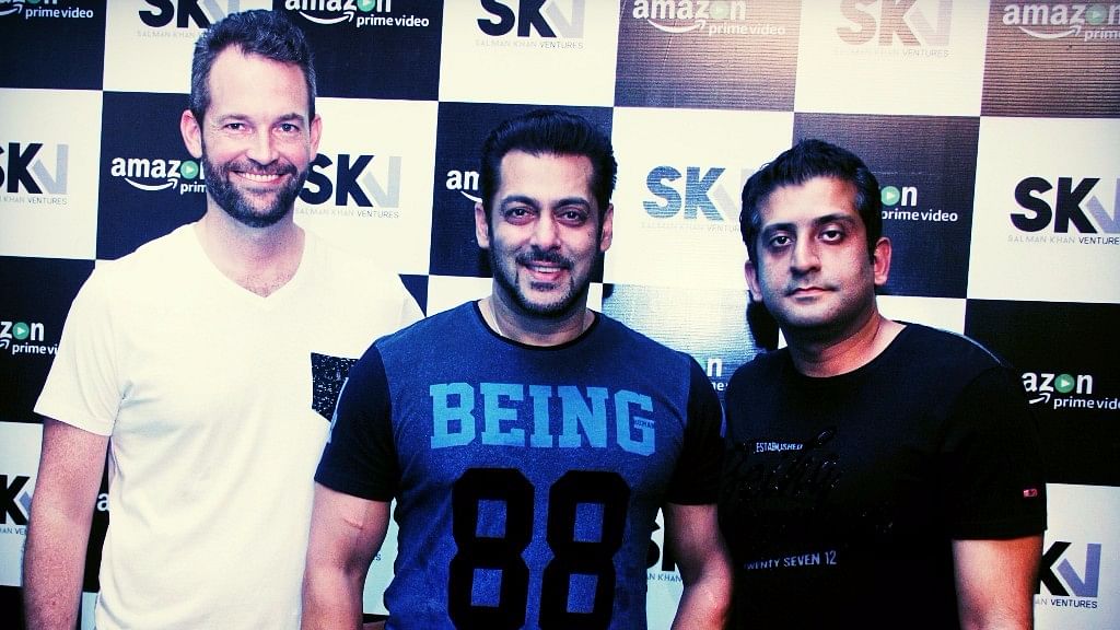Salman Khan with James Farrel, the Asia Pacific Head of Content of Prime Video (L) and Nitesh Kripalani, Country Head, Amazon Prime Video India (R).