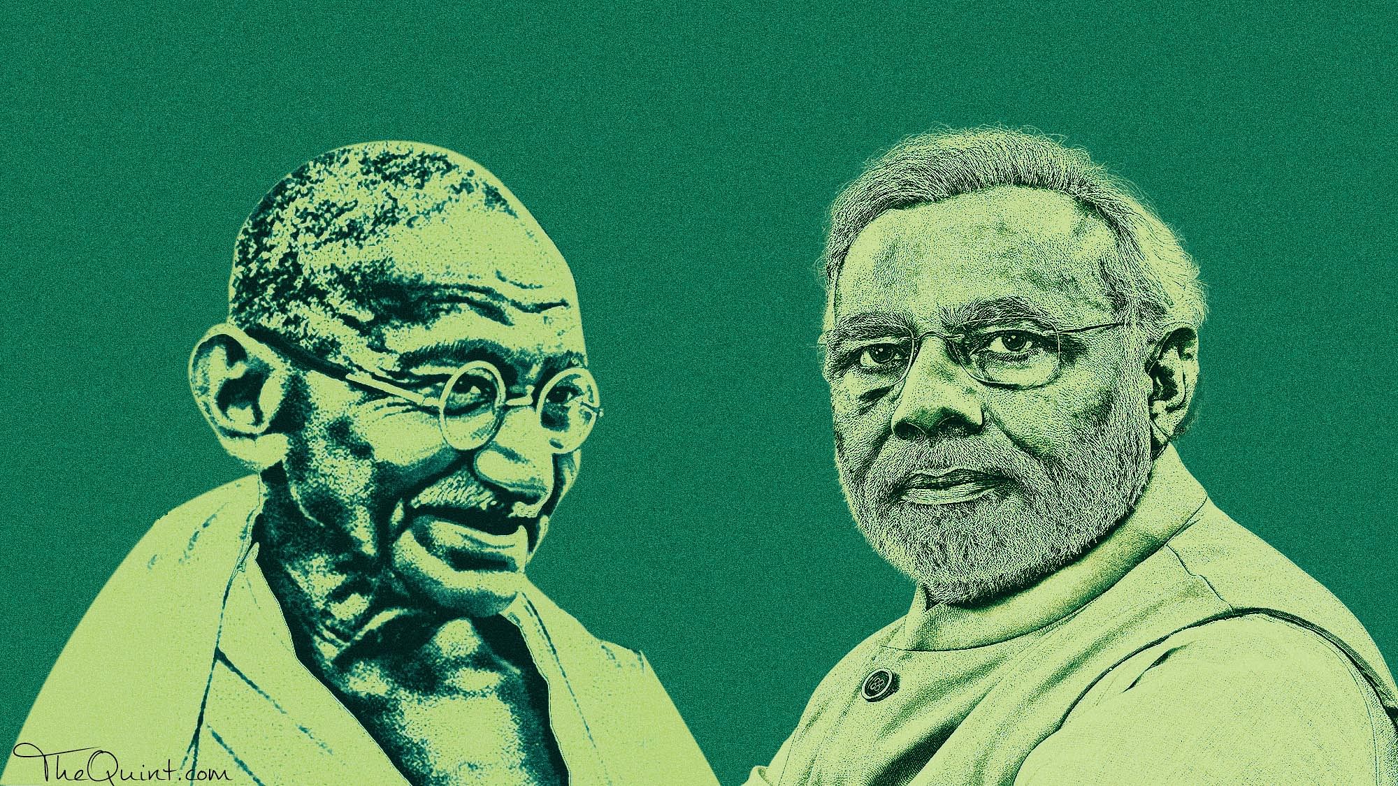 Even as PM Modi invokes the Mahatma to warn cow vigilantes, there is a stark difference between their brand of politics. (Photo: Rhythum Seth/<b>The Quint</b>)