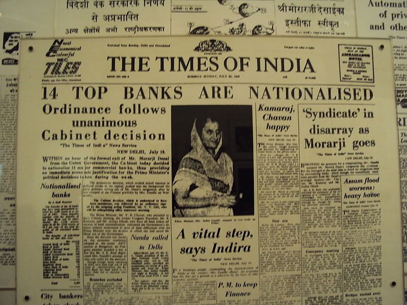The nationalisation of 14 banks in 1969 was announced under the aegis of Indira Gandhi. 