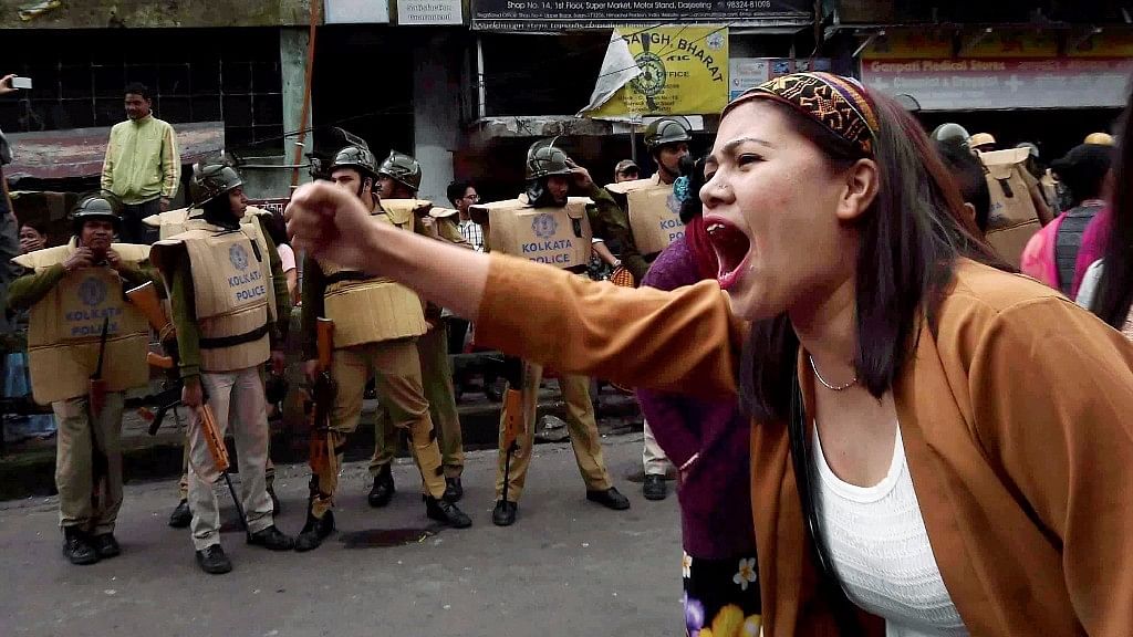 File photo of a GJM supporter shouting slogans at a protest rally during the strike in Darjeeling.