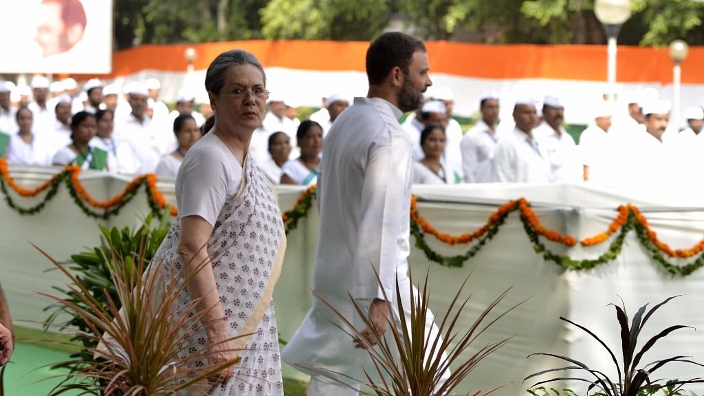 Congress President Sonia Gandhi and Vice President Rahul Gandhi during 71st Independence Day celebration at party headquarters in New Delhi on Tuesday.