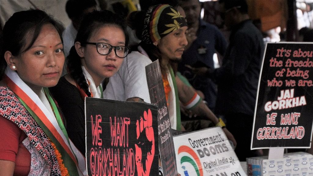 Activists of the Gorkhaland Movement Coordination Committee (GMCC) during a hunger strike to demand the separate state of Gorkhaland” at Jantar Mantar in New Delhi on Sunday.