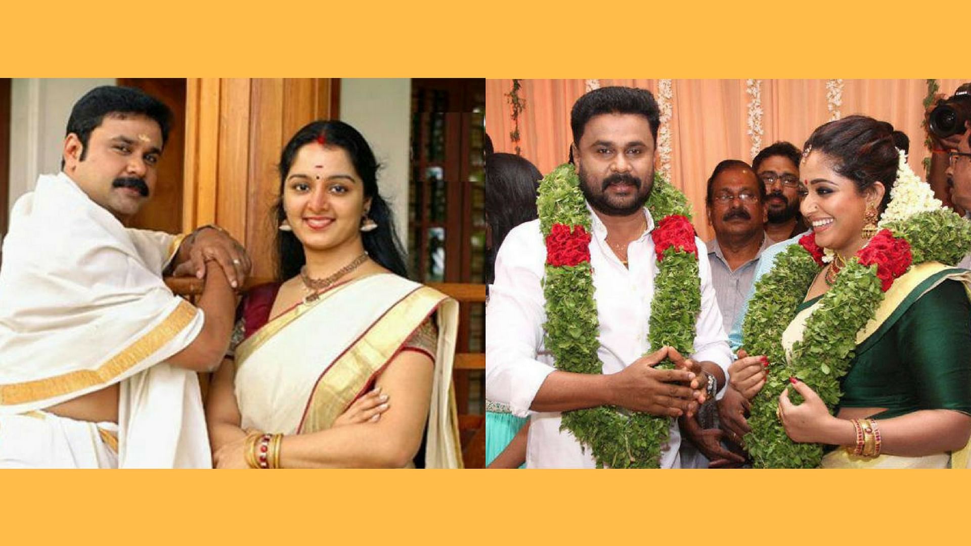 Dileep with Manju Warrier (left panel), and with Kavya Madhavan (right panel).