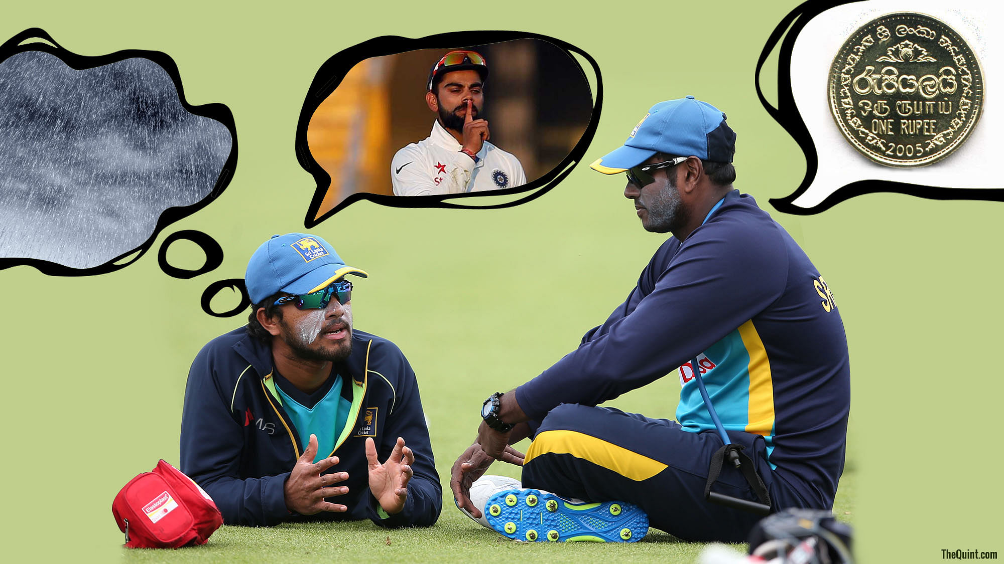 Dinesh Chandimal and Angelo Mathews have a chat during a nets session.
