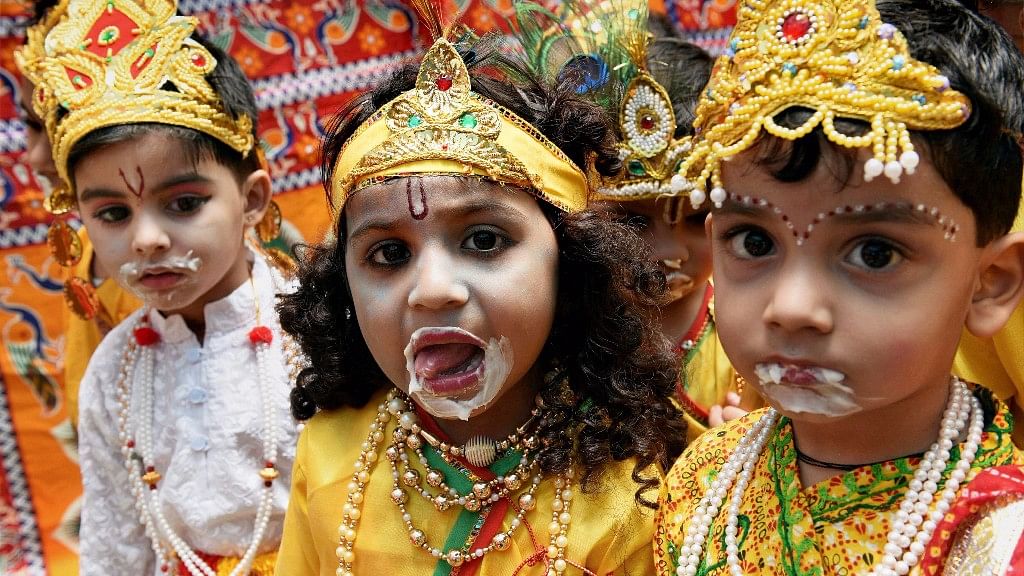 Children dressed as Lord Krishna to celebrate Janmashtami.