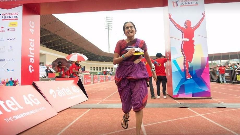 

Donning a purple saree, 44-year-old Jayanthi Sampath Kumar ran the Hyderabad marathon in light-weight sandals.