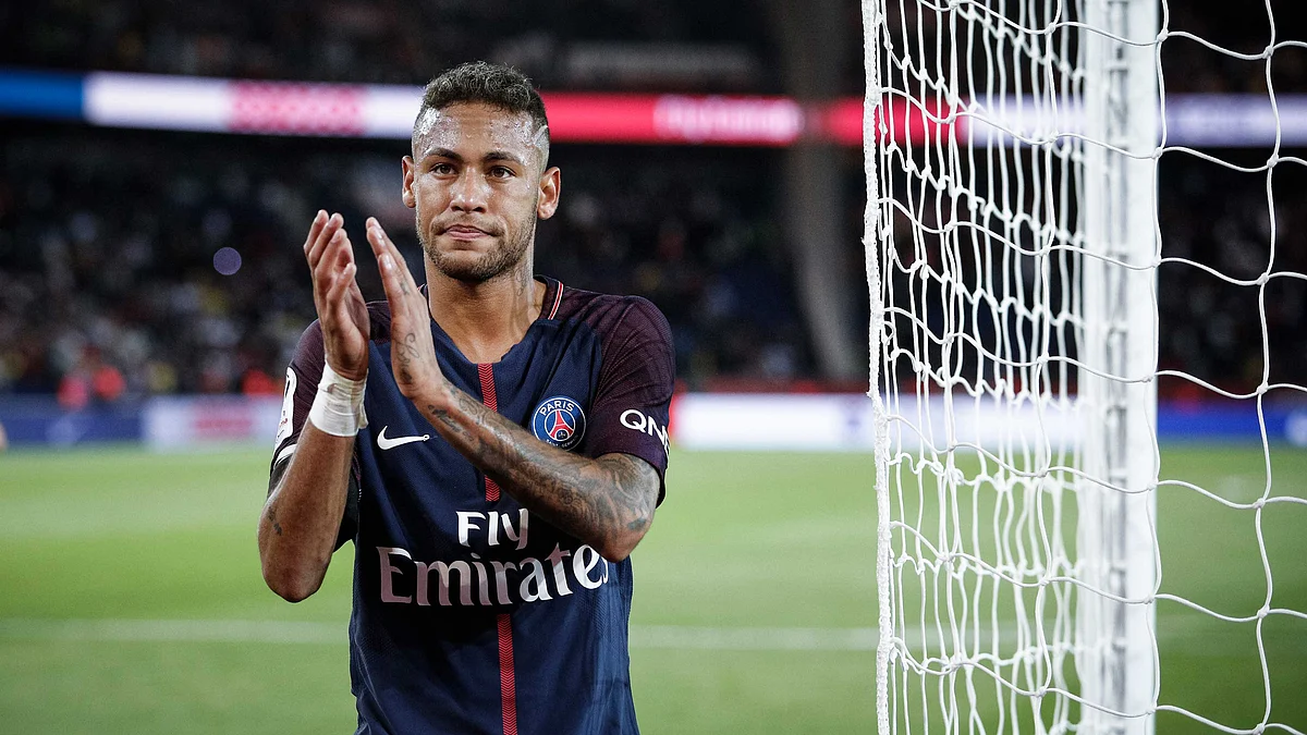 File photo of PSG’s Neymar applauds with supporters after the French League One soccer match.