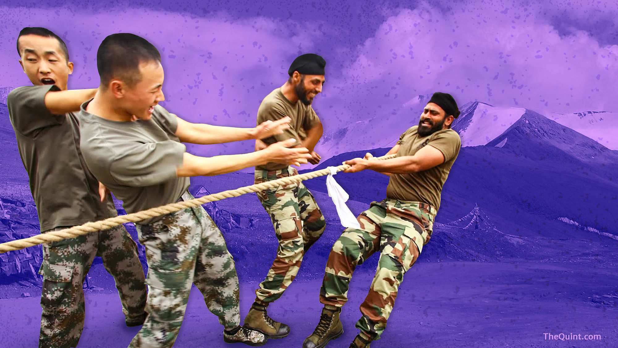 A picture of Indian and Chinese soldiers participating in a joint exercise, 2015.