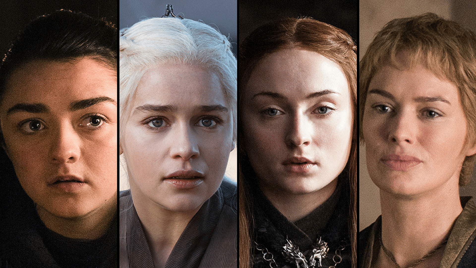 From L to R: Arya Stark (Maisie Williams), Daenerys Targaryen (Emilia Clarke), Sansa Stark (Sophie Turner), and Cersei Lannister (Lena Headey).