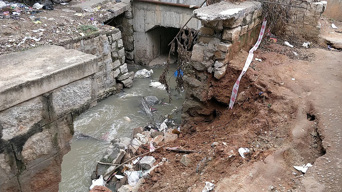 A portion of storm water drain in Lingarajapuram, where Abhishek was washed away, remains open. 