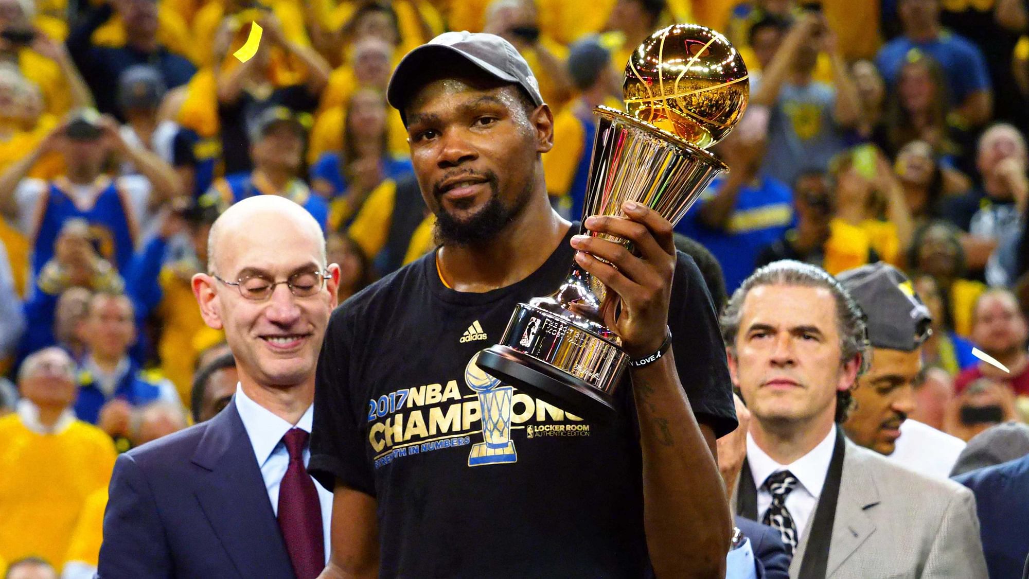 Golden State Warriors forward Kevin Durant (35) celebrates after winning the NBA Finals MVP in game five of the 2017 NBA Finals