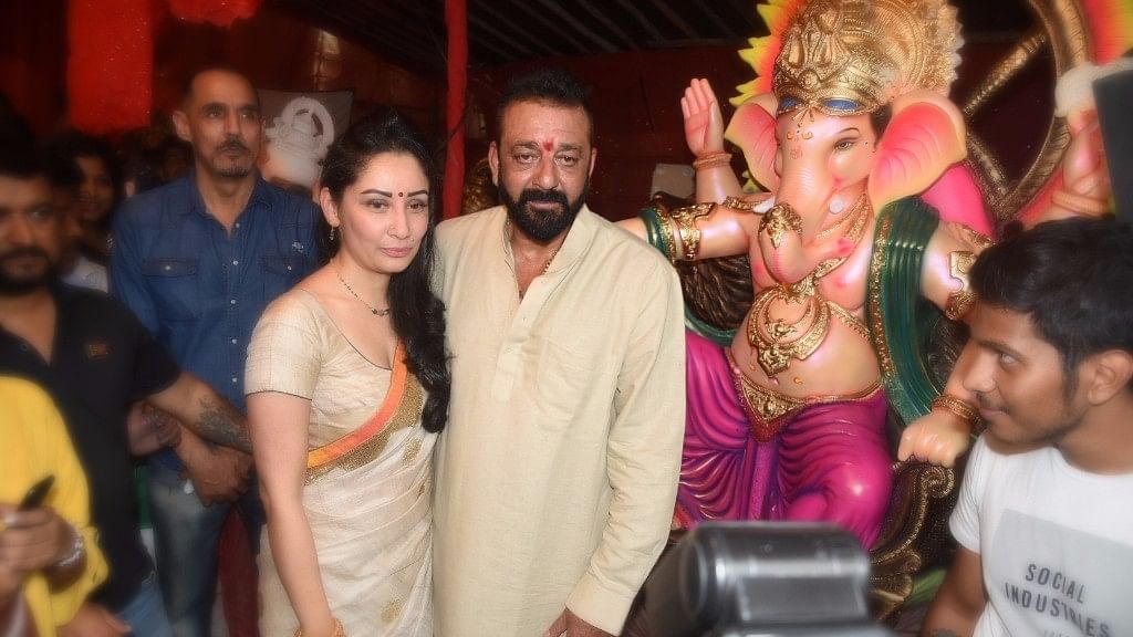 Sanjay Dutt and wife Maanyata at a Ganpati pandal in Mumbai.