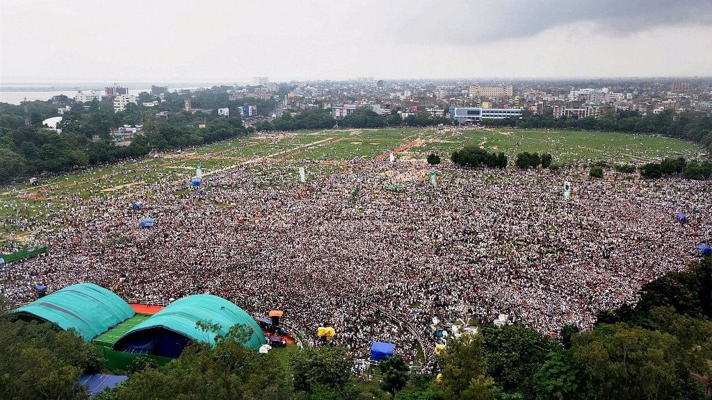 Aerial view of RJD’s “BJP Bhagao, Desh Bachao” rally at Gandhi Maidan in Patna on Sunday.