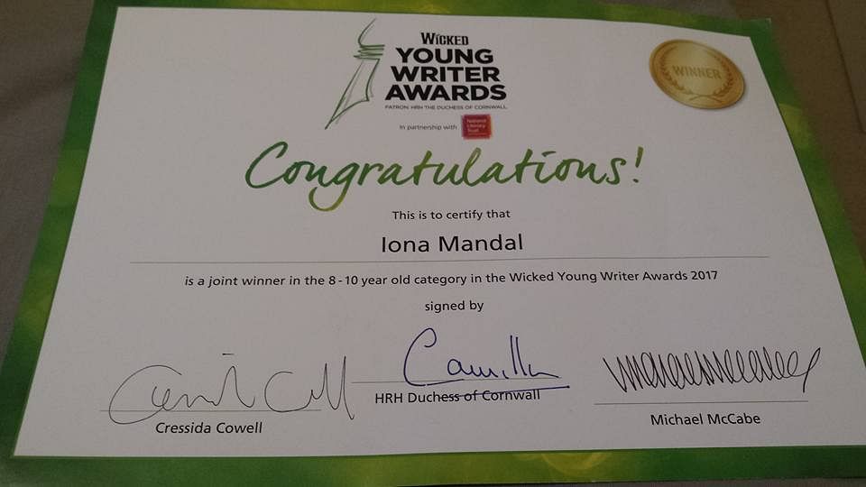 Iona, joint winner of the Young Writer Award, was two when she moved to the UK from India and couldn’t speak English