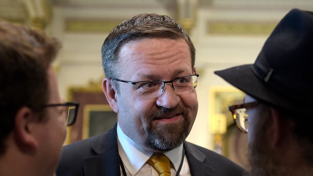 In this file photo, Sebastian Gorka interacts with people in the Treaty Room in the Eisenhower Executive Office Building on the White House complex in Washington&nbsp;