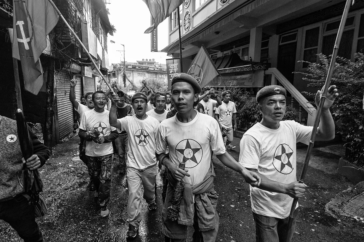 Protestors shouting pro-Gorkhaland slogans during a rally in Darjeeling.