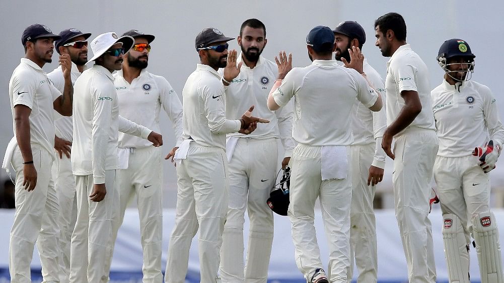 The Indian team celebrates a wicket during day two of the second Test between India and Sri Lanka.