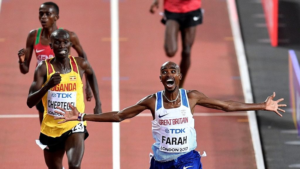 Britain’s Mo Farah celebrates after winning the gold medal in the Men’s 10,000m final during the World Athletics Championships in London, Friday, 4 Aug 2017.&nbsp;