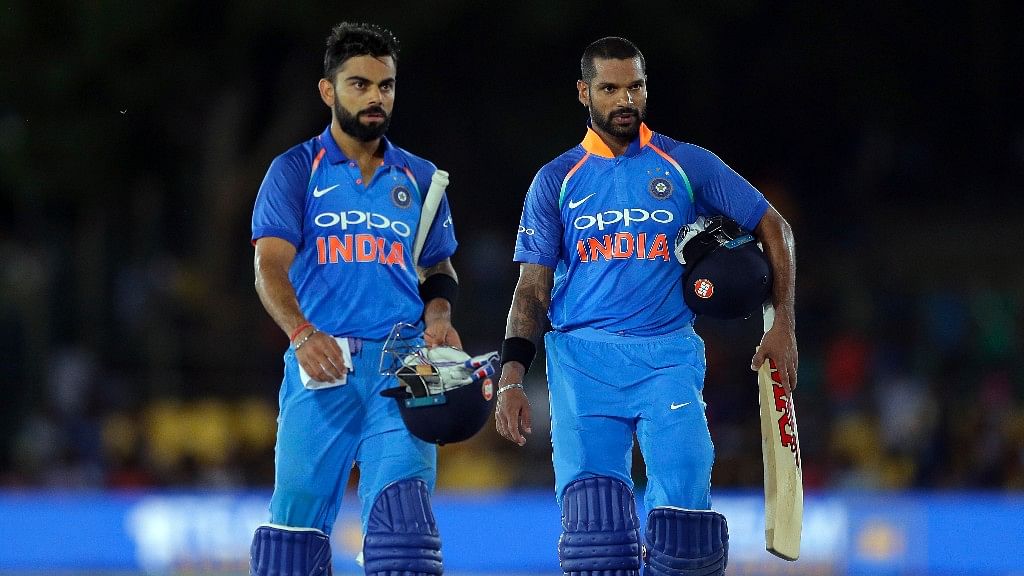  India’s captain Virat Kohli and Shikhar Dhawan leave the field after their win over Sri Lanka in the first one-day international cricket match in Dambulla, Sri Lanka.&nbsp;