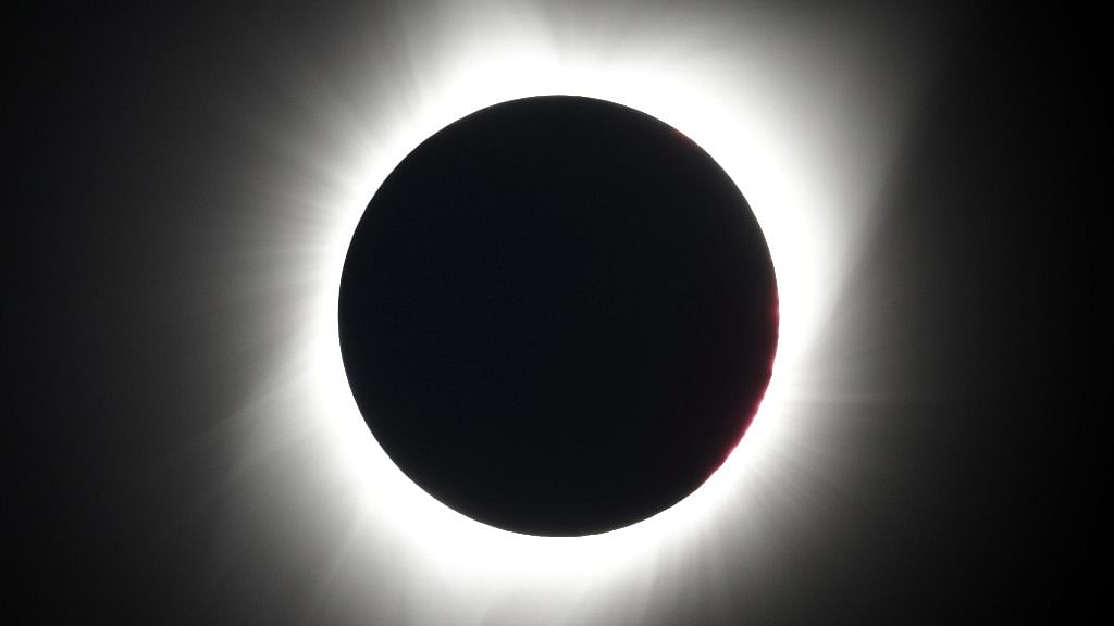 The moon covers the sun during a total eclipse Monday, 21 August 2017.