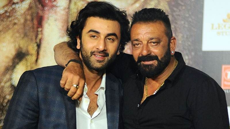 Ranbir Kapoor and Sanjay Dutt at the <i>Bhoomi</i> trailer launch.&nbsp;