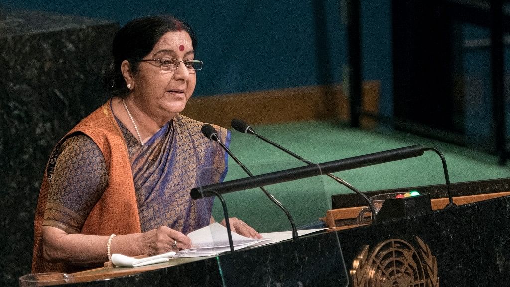 Indian External Affairs Minister Sushma Swaraj addresses the United Nations General Assembly, Saturday, 23 September.&nbsp;
