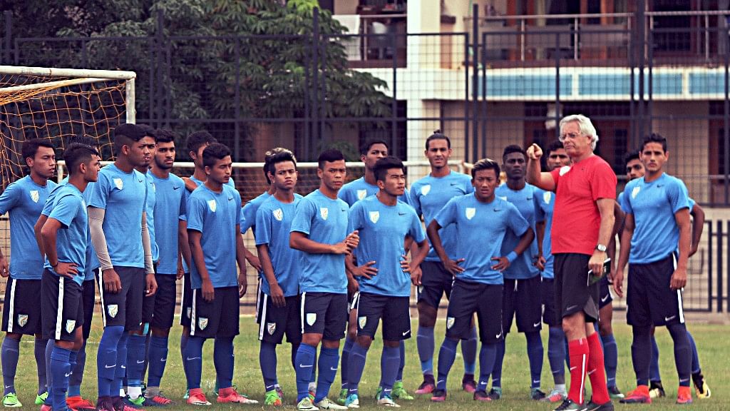The Indian Under-17 football team training from the Under-17 World Cup in India in 2017.