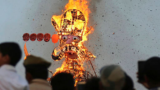 File image of effigy of demon king Ravana going up in flames in Jammu. Image used for representational purposes.&nbsp;