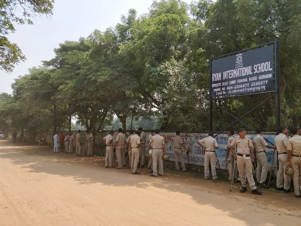 Heavy police presence in the school after the murder.