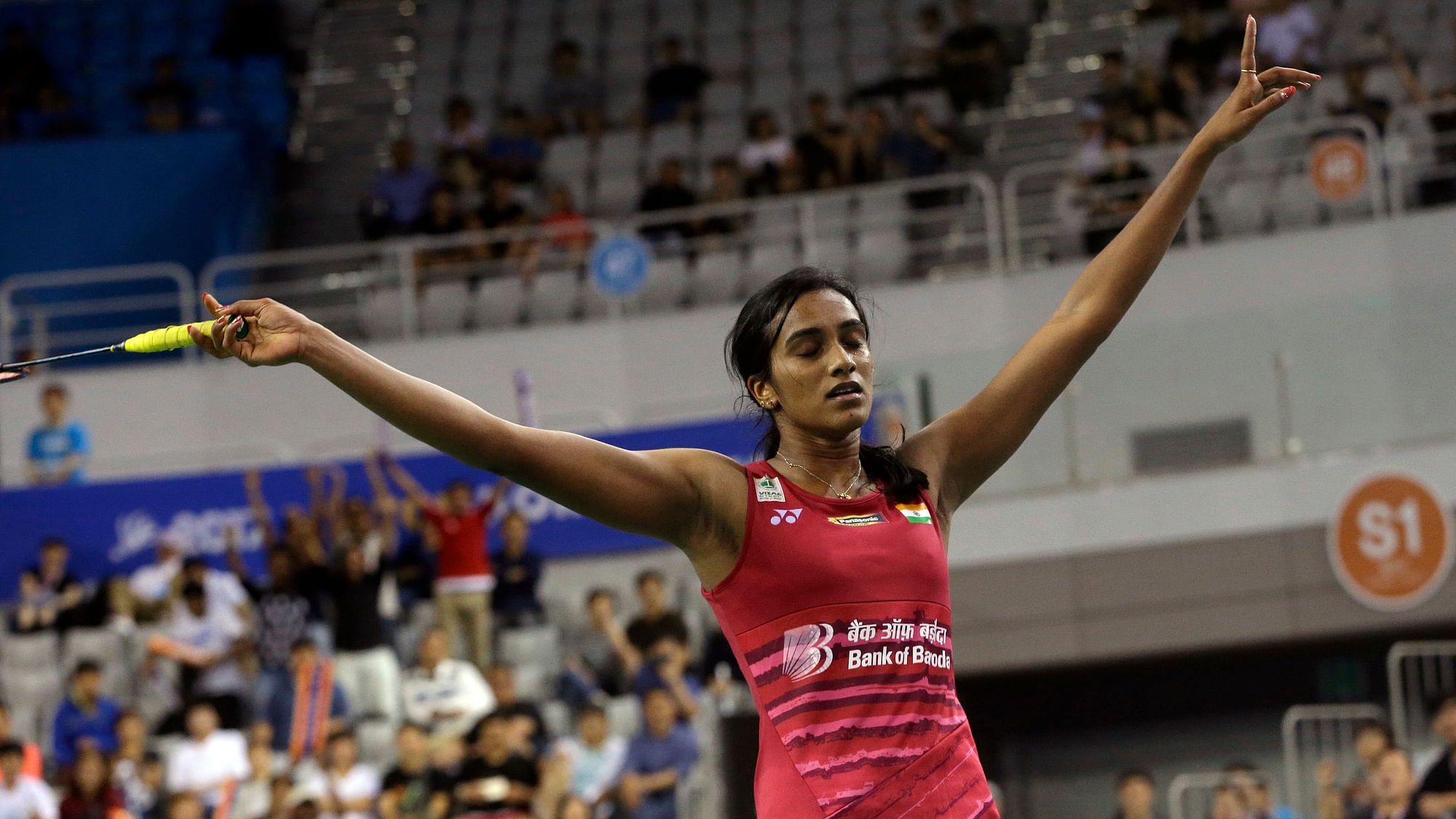 PV Sindhu celebrates after winning the final of the Korea Open.