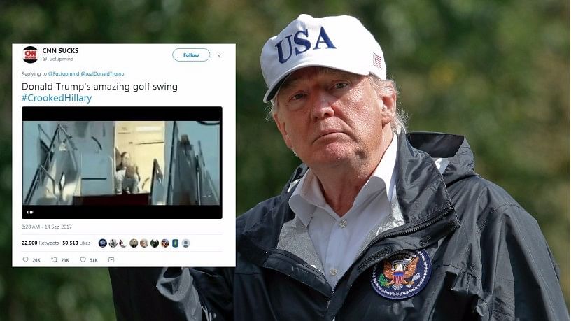 

US President Donald Trump on Sunday retweeted a doctored video of himself taking a golf swing and hitting Hillary Clinton.