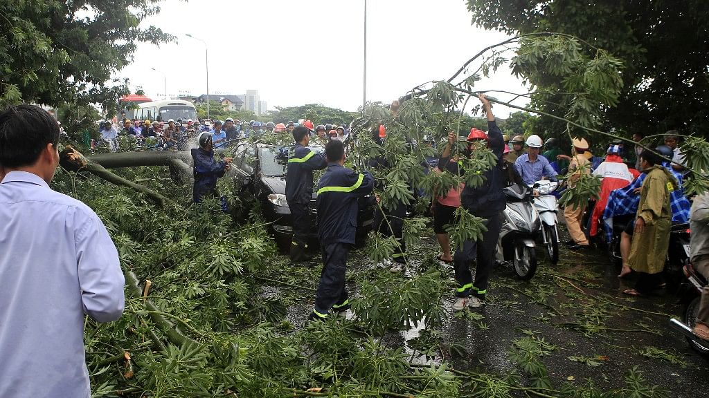 Vietnamese workers remove fallen trees on a street in central city of Hue, in Vietnam, on Thursday.