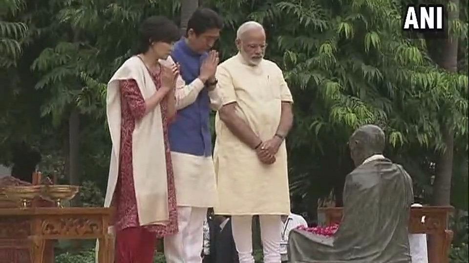 PM Modi with Shinzo Abe and his wife Akie Abe at the Sabarmati Ashram.