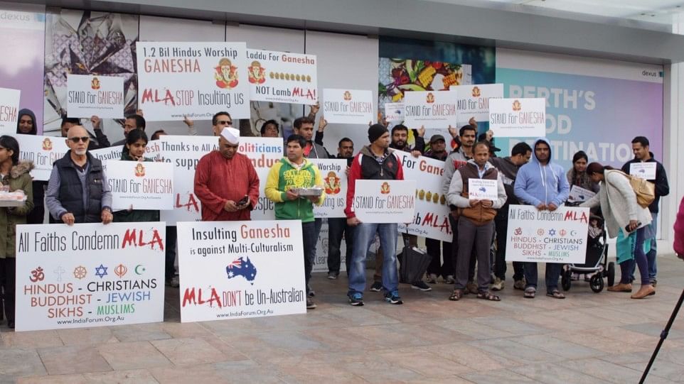 Protest organised by India Forum Australia against the “objectionable portrayal of Ganesha” in an advertisement by Meat &amp; Livestock Australia.