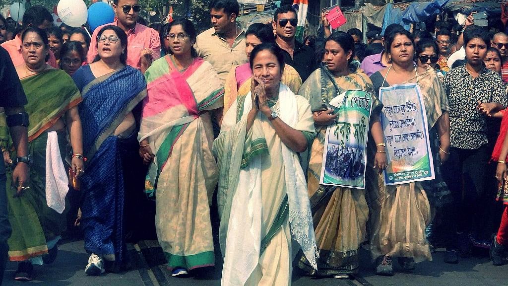 TMC chief and West Bengal Chief Minister Mamata Banerjee leads an election rally in Kolkata.&nbsp;