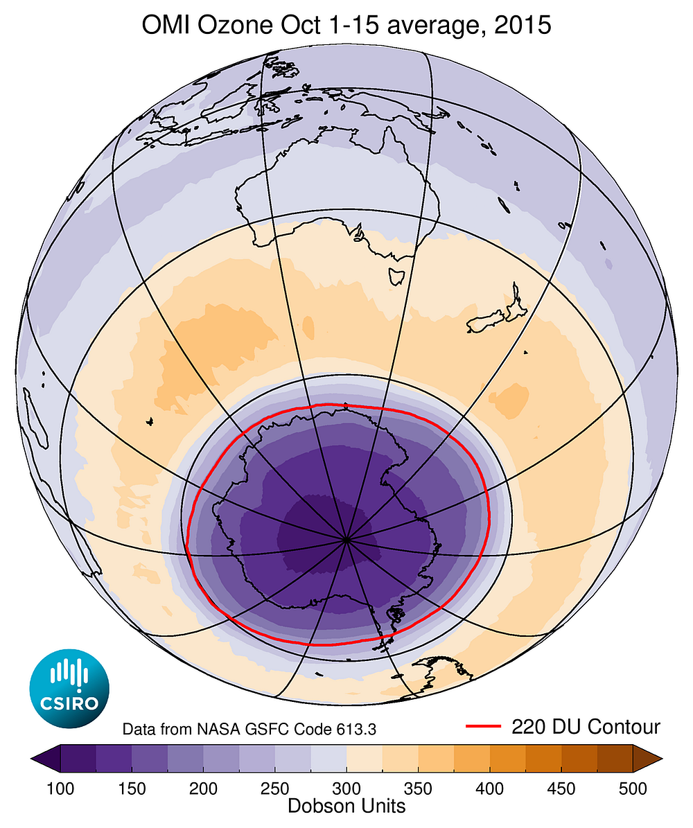 Average ozone concentrations over the southern hemisphere during October 1-15, 2015, when the Antarctic ozone hole for that year was near its maximum extent. The red line shows the boundary of the ozone hole. 