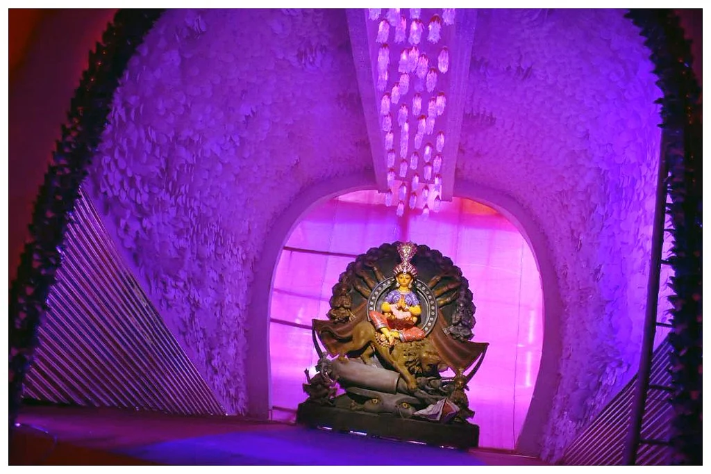 The pandal has been created with over 5,000 pieces of lab equipment like beakers and flasks. (Photo Courtesy: Purbalok Sarbojanin)