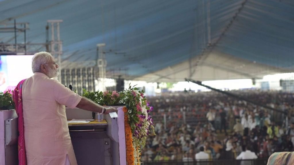 PM Modi addresses the rally in Dabhoi on his 67th birthday.