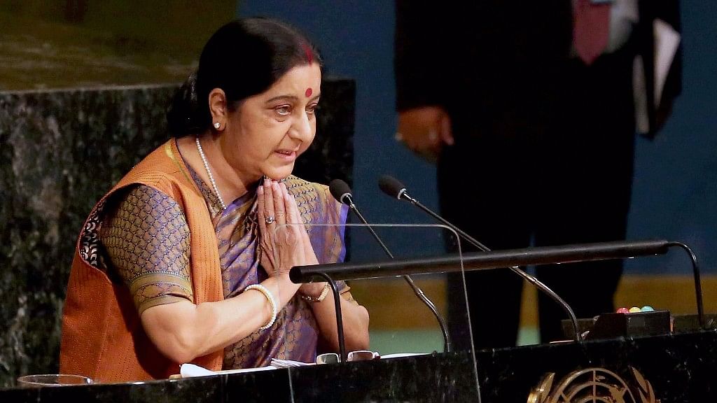 External Affairs Minister Sushma Swaraj greets members of the UNGA on Saturday.&nbsp;
