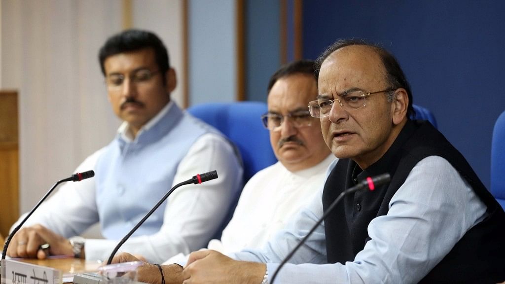 Union Finance Minister Arun Jaitley addresses a press conference after a cabinet meeting chaired by Prime Minister Narendra Modi