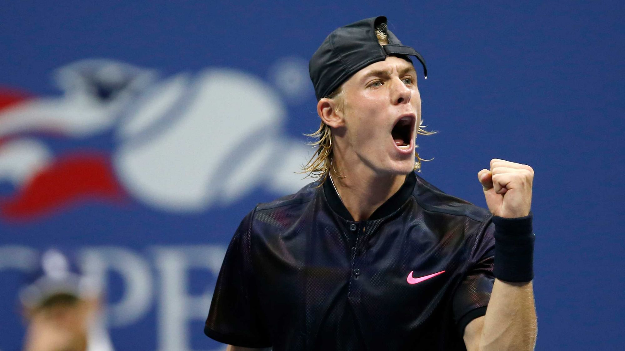 Denis Shapovalov, of Canada, celebrates during the second set of his match against Jo-Wilfried Tsonga, of France, at the U.S. Open tennis tournament in New York