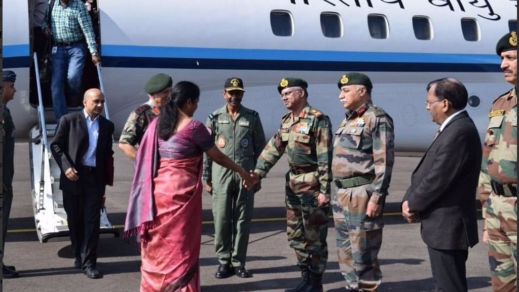 Defence Minister Nirmala Sitharaman reaches Srinagar, received by Northern Army Commander and the Chinar Corps Commander at the Old Airfield.